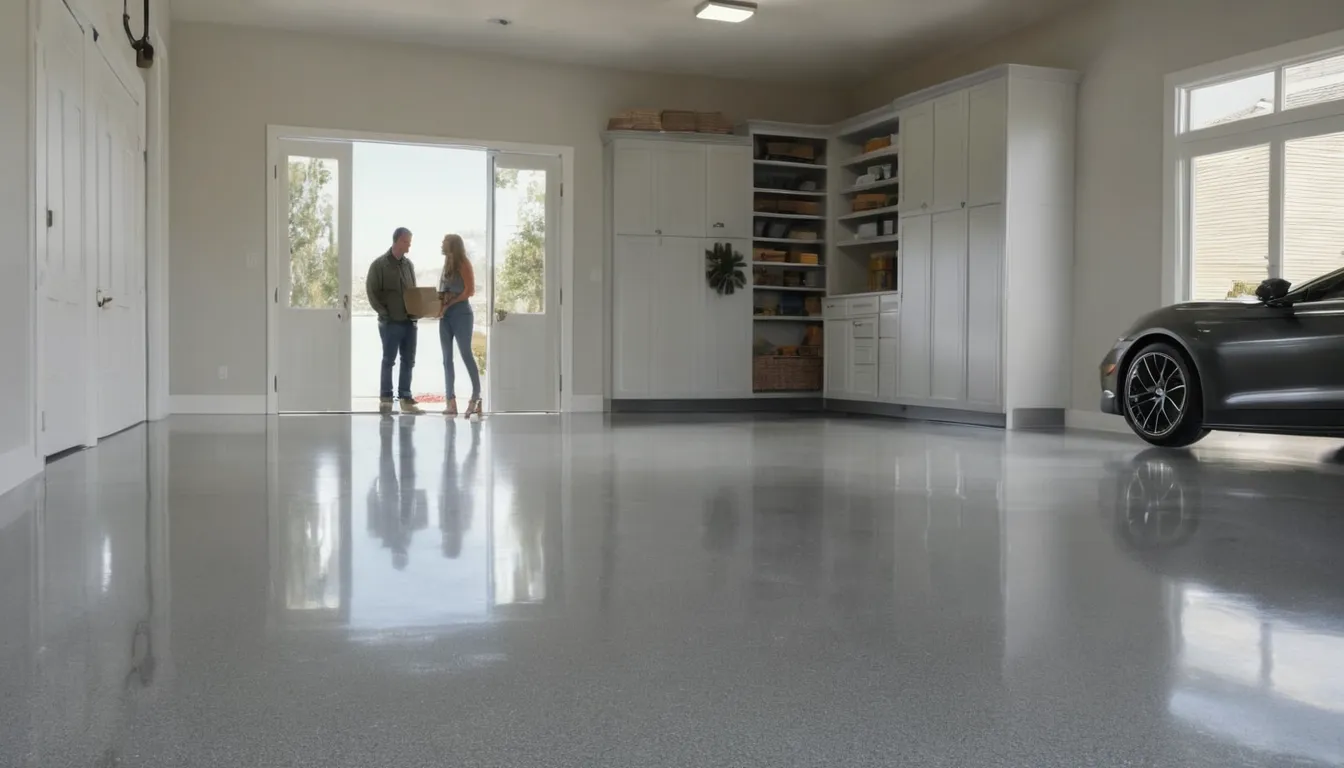 A freshly coated epoxy garage floor in a Plano home