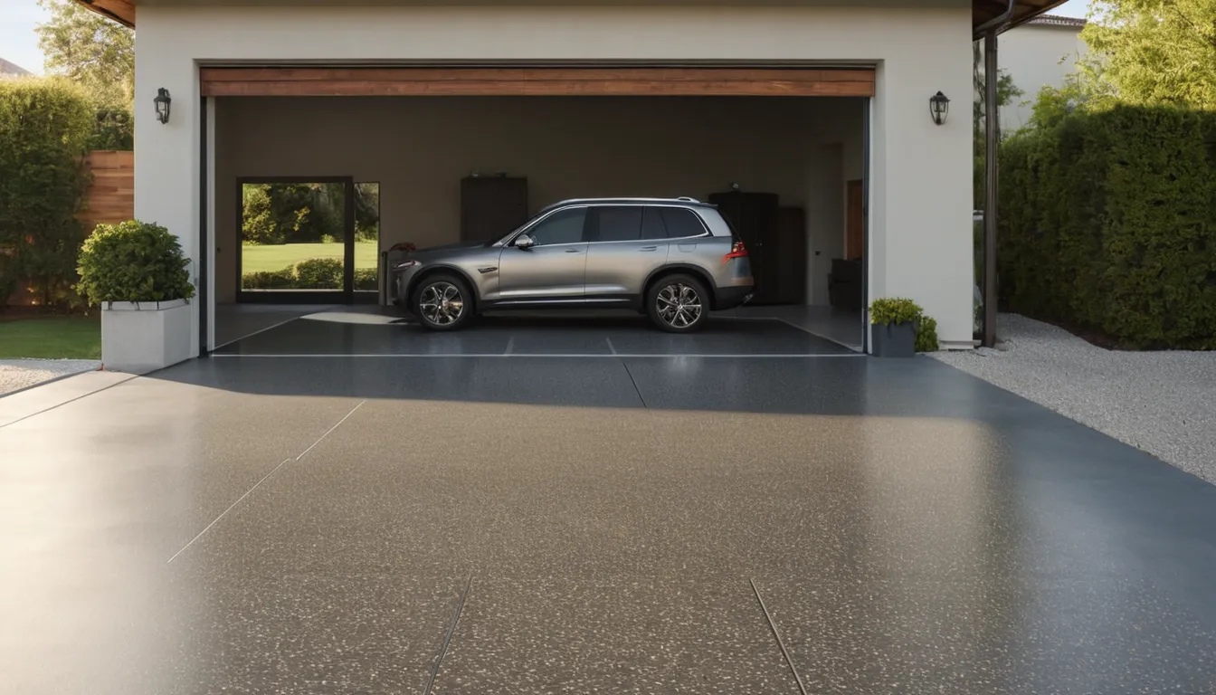 Garage in Plano with a freshly coated polyaspartic floor in a gray flake blend